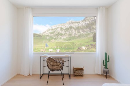 Photo for Front view of a small study with a small desk and an armchair. There is a large window overlooking a mountainous landscape with a meadow and grazing cows. No one inside. - Royalty Free Image
