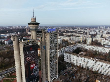 Photo for Areal view of the Genex tower, New Belgrade district, Serbia. Europe. - Royalty Free Image
