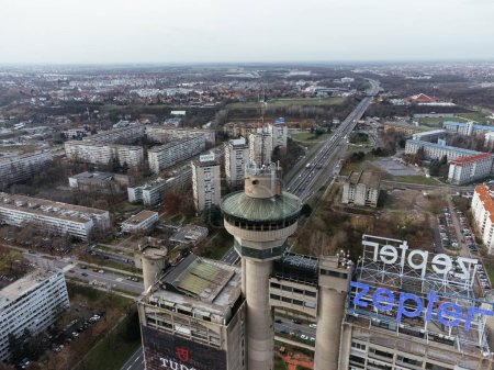 Photo for Areal view of the Genex tower, New Belgrade district, Serbia. Europe. - Royalty Free Image