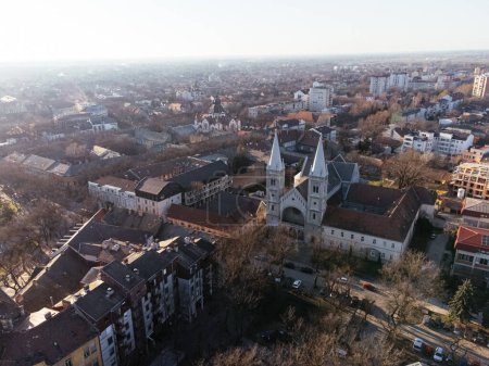 Drone view of Subotica downtown and city hall. Europe, Serbia