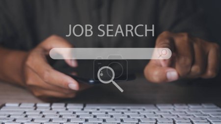 Photo for Job search, Searching browsing internet data information networking. Man browsing work opportunities online by computer and smart phone. Search Engine Optimization SEO Networking. copy space. - Royalty Free Image