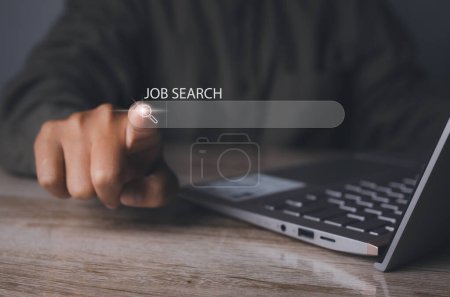 Photo for Job search, Searching browsing internet data information networking. Man browsing work opportunities online by laptop computer. Search Engine Optimization SEO Networking. copy space - Royalty Free Image
