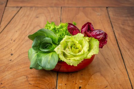 Photo for Four salads in a cup on an antique wooden table: green grumolo chicory, radicchio from Chioggia, radicchio from Castelfranco and curly salad. - Royalty Free Image