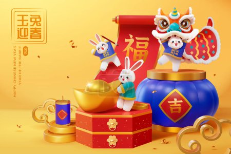 3d Plakat zum chinesischen Neujahr. Zusammensetzung der Kaninchen auf CNY-Dekorationen. Eine mit Kalligrafie, eine mit Goldbarren und eine mit Löwentanz. Text: Jadehasen begrüßen den Frühling. Glück gehabt. Verheißungsvoll.