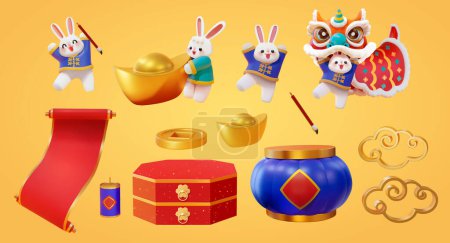 3D Chinesisches Neujahr isoliert auf gelbem Hintergrund. Darunter niedliche Kaninchen in Folk-Outfits, die traditionelle Aktivitäten ausüben, chinesische Neujahrsdekorationen und Objekte.