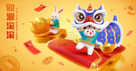 Illustration for 3d illustrated CNY banner. Rabbit doing lion dance on floating red envelope and another holding sycee on coin. Red envelopes and coins flying in the back on yellow background.Text: Wealth pouring in. - Royalty Free Image