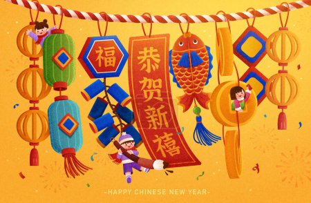 Illustration for CNY decoration illustration. Cute miniature characters dangle on lanterns and new year ornaments. Yellow background with firework and confetti. Text: Fortune. Happy new year. - Royalty Free Image