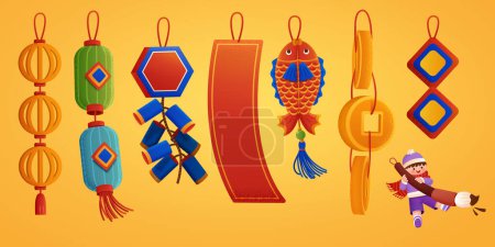 Illustration for Chinese new year ornaments set isolated on yellow background. Various design ornaments and cute character writing with giant chinese brush. - Royalty Free Image