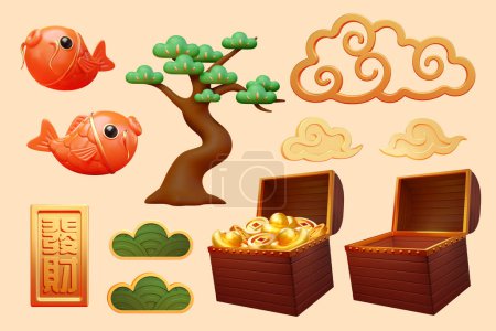 Illustration for 3d auspicious CNY element set isolated on beige background. Including koi fish, japanese pine tree, gold cloud decoration, treasure box, and gold plaque. - Royalty Free Image