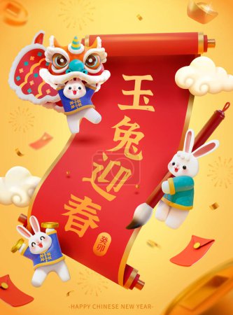 Illustration for 3d CNY year of the rabbit poster. Rabbits lion dancing, writing calligraphy, and holding coins beside red paper scroll in the air with money flying in the back. Text: Jade rabbits welcome spring. 2023 - Royalty Free Image