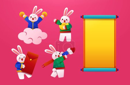 Illustration for Papercut year of the rabbit element set isolated on hot pink background. Including bunnies with red envelope, riding on cloud, holding gold ingot, and writing with chinese brush. And paper scroll. - Royalty Free Image