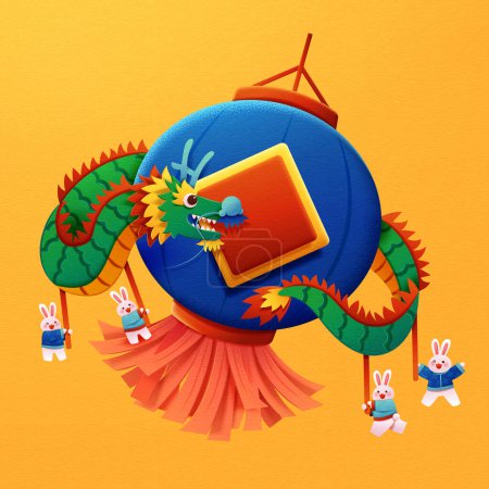Illustration for Papercut style little rabbit dragon dancing that wraps around blue lantern isolated on yellow background. - Royalty Free Image