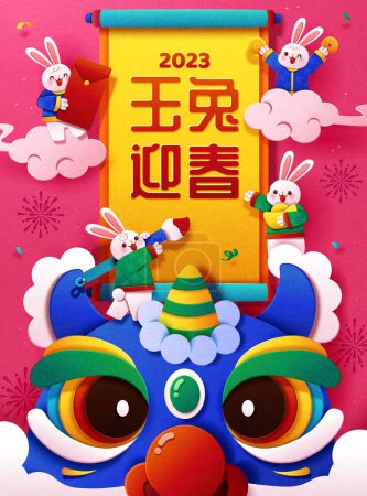 Illustration for Paper art style chinese new year illustration. Bunnies flying on cloud around paper scroll and one standing above head of lion dance costume. Text: Jade rabbits welcome spring. - Royalty Free Image