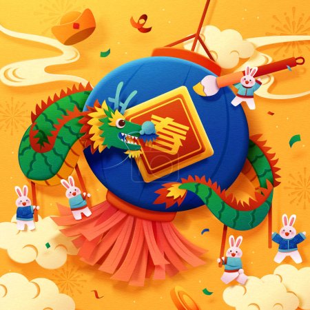Papercut style Chinese greeting card. Tiny rabbits stepping on clouds performing dragon dance around lantern in yellow sky. Text: Spring.