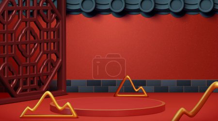 Illustration for 3D illustrated traditional asian style display background. Chinese screen and gold mountain decorations around podium. Traditional Chinese style wall in the back. - Royalty Free Image