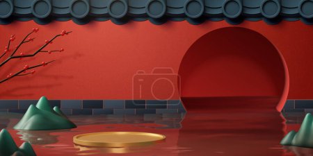 Téléchargez les illustrations : Fond d'affichage mural chinois traditionnel surréaliste illustré en 3D. Plate-forme dorée flottant sur l'eau avec des montagnes et une branche de saule autour. Mur de style oriental avec entrée ronde à l'arrière. - en licence libre de droit