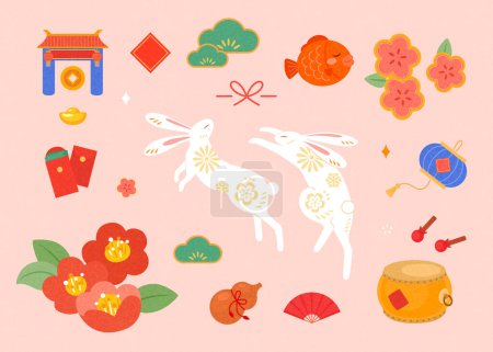 Ilustración de Lindo conjunto de elementos CNY aislados sobre fondo rosa. Incluyendo templo, doufang, sobre rojo, camelia, pino japonés, conejos, pez carpa, linterna, flores, tambor, ventilador de papel y calabaza. - Imagen libre de derechos