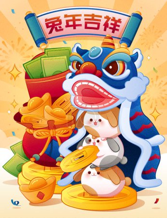 Illustration for CNY illustration. Cute bunnies stacking up in lion dancing costume with money behind on light orange radial background. Text: Auspicious year of the rabbit. - Royalty Free Image