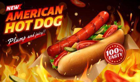 Téléchargez les illustrations : Délicieux modèle d'annonce de hot dog. Hot dog réaliste illustré en 3D avec fromage et légumes sur fond de feu flamboyant. - en licence libre de droit