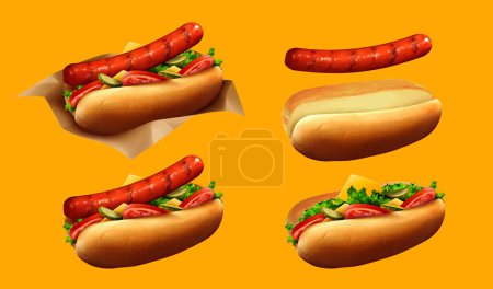Illustration for 3D hot dog element set isolated on orange background. Including hot dog on parchment paper, sausage, bread, and bread with vegetables. - Royalty Free Image