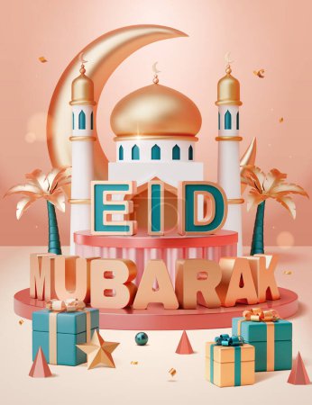 Illustration for 3D rose gold modern Eid Mubarak holiday template. 3d text display on podium with decorations around. Mosque and crescent moon in the back. - Royalty Free Image