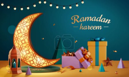 3D festive Ramadan poster. Crescent moon lamp with beautiful pattern surrounded by lantern, gifts and decorations on Turkish blue background.