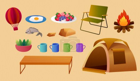 Illustration for Camping element set isolated on beige background. Including, hot air balloon, tent, camping chair, cups, fish, food on plates, bench, bonfire, fruit, fried egg, and rocks. - Royalty Free Image