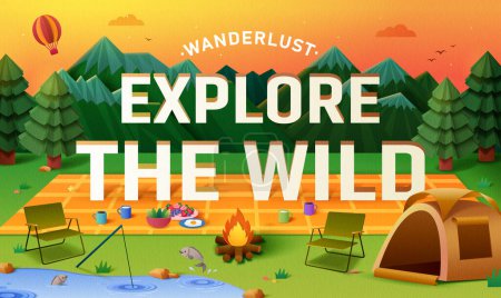 Illustration for Camping theme typography. Explore the wild script design on papercut style nature landscape with camping scene setting. - Royalty Free Image