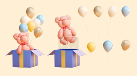Ilustración de 3D Party balloon art set isolated on pale orange background. Including floating balloons, bear twisted balloon, and open gift box. - Imagen libre de derechos