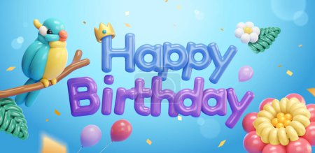 Ilustración de 3D Birthday balloon typography banner. Twisted balloon blue bird on twig and flowers on light blue background. - Imagen libre de derechos