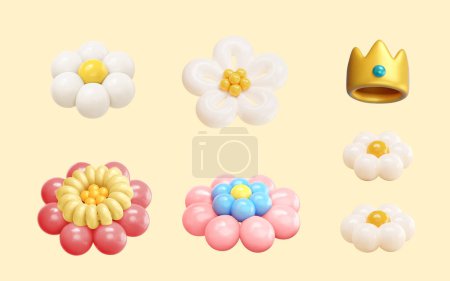 Téléchargez les illustrations : 3D balloon art isolated on light yellow background. Including balloon flowers and golden crown. - en licence libre de droit