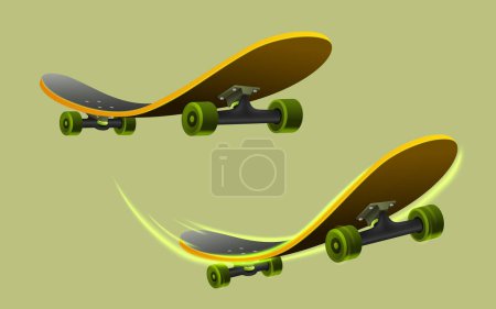 Téléchargez les illustrations : Set de skateboard 3D isolé sur fond vert clair. Y compris planches à roulettes avec et sans effet de vitesse. - en licence libre de droit