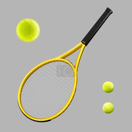 Illustration for 3D tennis set isolated on light grey background. Including tennis racket, and balls. - Royalty Free Image