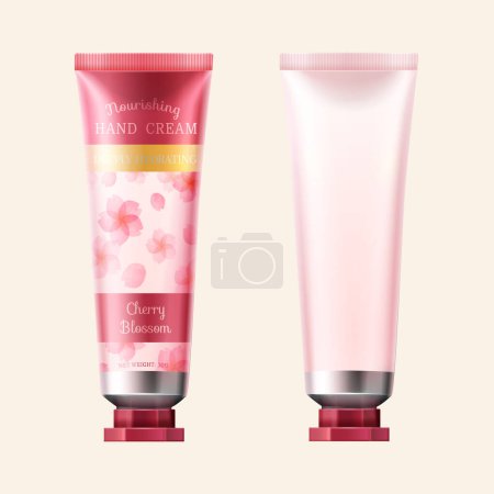 Illustration for 3d hand cream tube mock up set isolated on pearl white background. One with cherry blossom label, one without. - Royalty Free Image