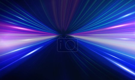3D neon light effect background. Purple and blue beam stretching into form of tunnel. Concept of high speed.