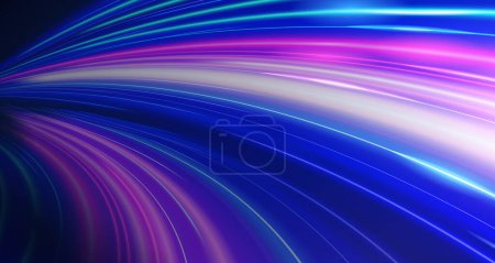 3d neon light effect background. Purple and blue beam curving along side a turning road with its reflection. Concept of high speed.