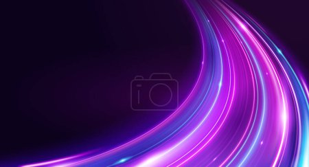 3D neon light effect background. Illustration of high speed concept. Curved light trail stretched upward.