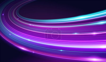 3D gebogener Neonlichteffekt Hintergrund. Illustration des Hochgeschwindigkeitskonzepts. Gebogene Lichtspur zur Seite gestreckt.