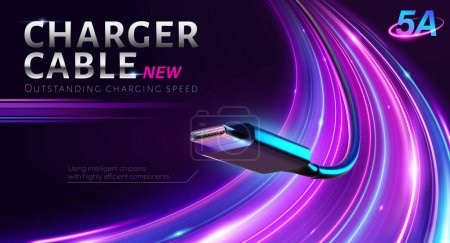Illustration for 3D charger cable ad template. 3D realistic charging wire with type C adapter on curved neon light background. Concept of fast charging speed. - Royalty Free Image