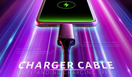 Illustration for 3D charging cable ad. Smart phone with charger cable plugged in on neon light effect background. Concept of fast charging speed. - Royalty Free Image