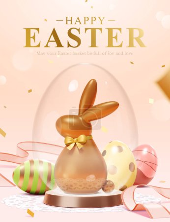 Ilustración de 3D illustrated chocolate bunny in transparent eggshell with base. Ribbon and painted Easter eggs around on light pink background with golden confetti. - Imagen libre de derechos