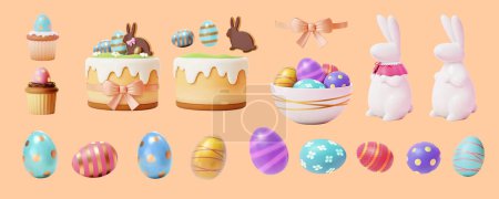 Illustration for 3D illustrated sweet festive Easter set isolated on light orange background. Including painted eggs, porcelain bunny, bowl of eggs, layer cake, and cupcake. - Royalty Free Image