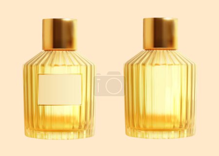 Illustration for 3D realistic vertical stripe glass perfume bottles with golden caps isolated on light orange background. One with label, one without. - Royalty Free Image