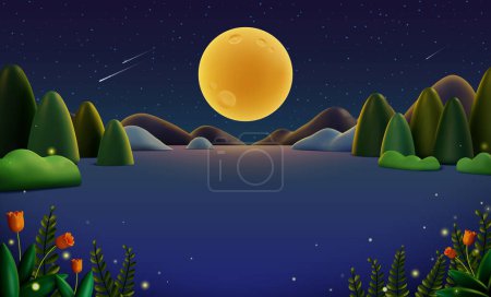 Ilustración de Naturaleza adorable 3D con hermoso cielo estrellado y enorme fondo de luna llena. - Imagen libre de derechos