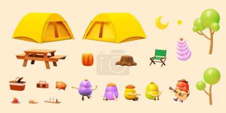 Téléchargez les illustrations : Jeu de camping dessin animé 3D isolé sur fond orange clair. Y compris tente, table de pique-nique, chaises, tambour, radio, panier, nourriture, chien, plantes et personnages adorables. - en licence libre de droit