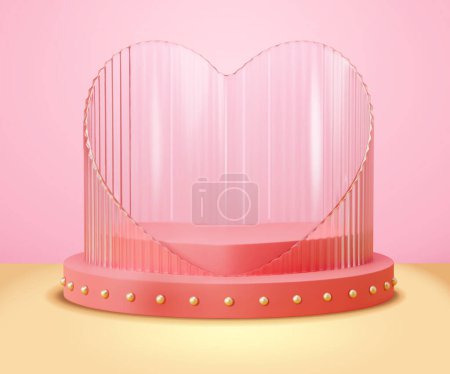 Illustration for 3D display podium with heart shape design stripe glass partition on pink wall and light yellow floor background - Royalty Free Image