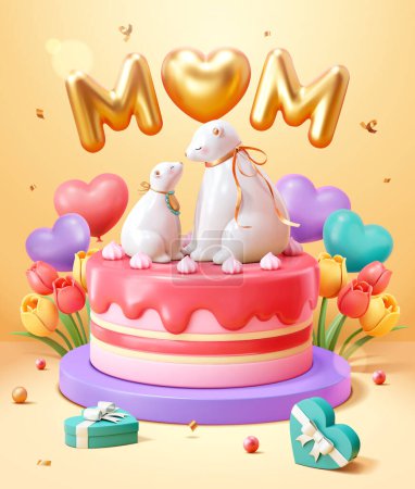 3D Mother's day poster. Porcelain polar bears sitting on layer cake with tulips and heart shape balloons in the back. Light yellow background with golden mom text balloons.