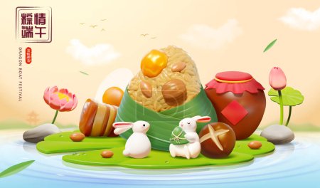 3D Drachenboot Festival Grußkarte. Zongzi, Wein Urne und Miniatur-Hasen auf Lotusblatt auf einem Teich. Text: 5. Mai, fröhlicher DuanWu Feiertag.