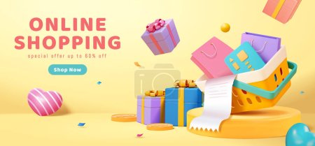 3D Online-Shopping-Banner oder Zielseite. Korb voller Einkaufstüten, Quittung und Kreditkarte auf rundem Podium mit Geschenken, Münzen und Herzdekorationen.