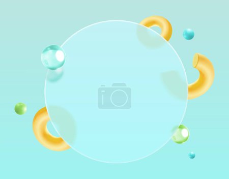 Illustration for 3D geometric objects and glassmorphism round plate floating on cyan background. - Royalty Free Image